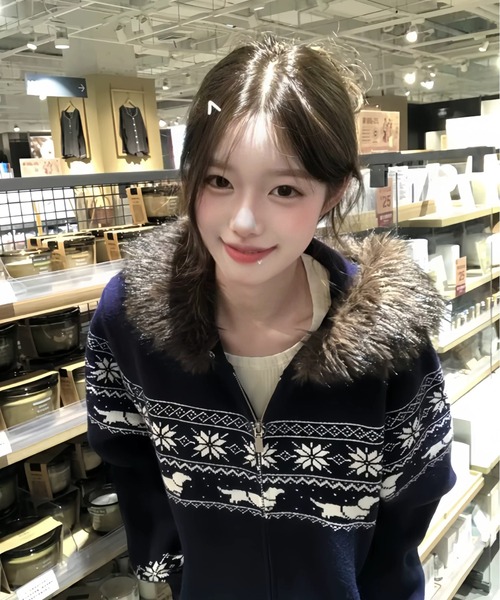 ViViDAY カーディガン ノルディック柄エコファーフード付きニット