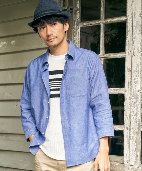「ikka」 7分袖シャツ L ブルー メンズ_画像3