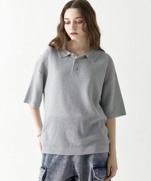 美品MaxMara 半袖 ポロシャツ ラメ入り グレー L LILL（リル） ポロシャツ 半袖 ラメミックスサマーニットポロシャツ