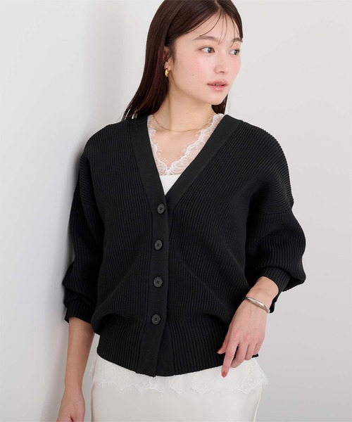 人気✨ソブ ボリュームスリーブ ケーブルニット 36 S カーディガン ブラック ur's（ユアーズ） カーディガン Vネックボリュームスリーブニット