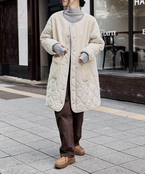 etoll.（エトル） ノーカラーコート コート ノーカラーボア切替キルト