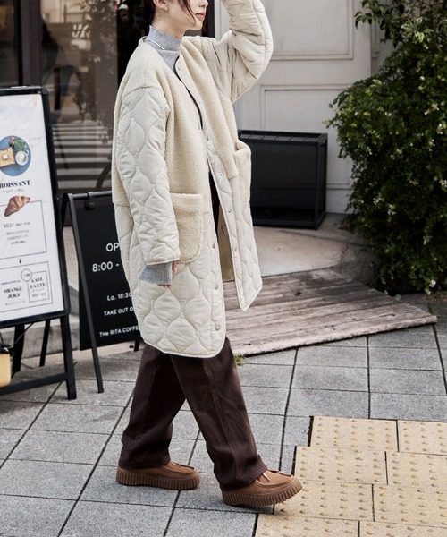 etoll.（エトル） ノーカラーコート コート ノーカラーボア切替キルト