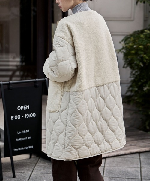 etoll.（エトル） ノーカラーコート コート ノーカラーボア切替キルト