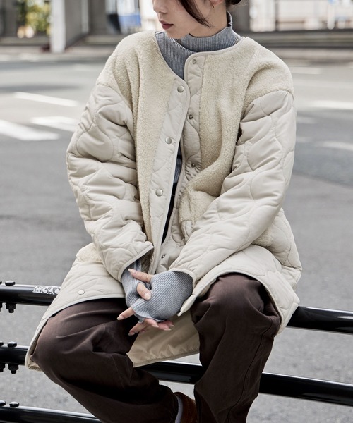 etoll.（エトル） ノーカラーコート コート ノーカラーボア切替キルト