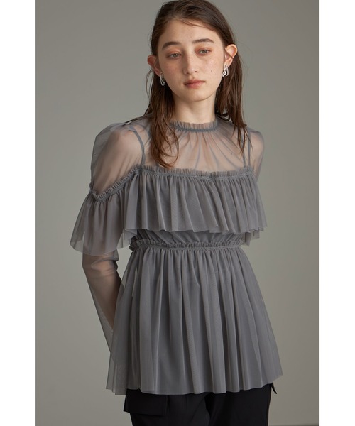 ブラウス シャツ シアーチュールブラウス 秋服 夏服 ノースリーブトップス レディース rectangle ブラウス シャツ ドット＆ハート柄シアーチュール