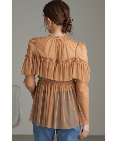 ブラウス シャツ シアーチュールブラウス 秋服 夏服 ノースリーブトップス レディース セール】【MAISON BREEZE reveur】チュールフリルフレアー