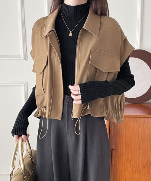ベスト ジレ ドロストフレンチスリーブショートベスト レディース ECLIN ベスト ジレ ドロストフレンチスリーブショートベスト