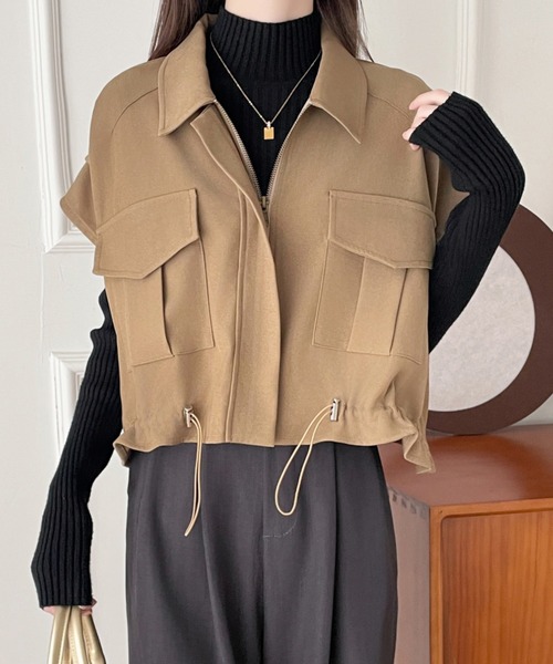 ベスト ジレ ドロストフレンチスリーブショートベスト レディース ABITOKYO ベスト ジレ ドロストフレンチスリーブショートベスト