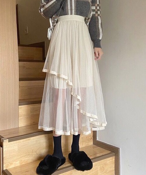チュール付きフレアースカート ☆ repetto バックレースアップチュール×フラワープリントフレアスカート