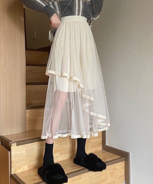 Lace Ladies スカート パイピング チュール レイヤード フレア 