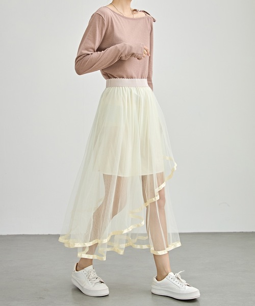 Lace Ladies スカート パイピング チュール レイヤード フレア