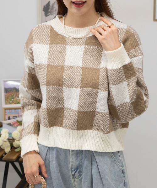 boohoo 新作 オーバーサイズ チェック ニット トップス pumpkin port ニット セーター チェック柄 ショート丈 トップス