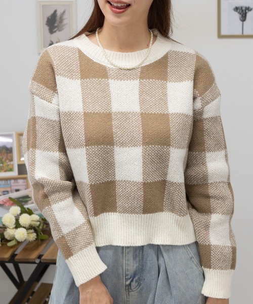 pumpkin port ニット セーター チェック柄 ショート丈 トップス