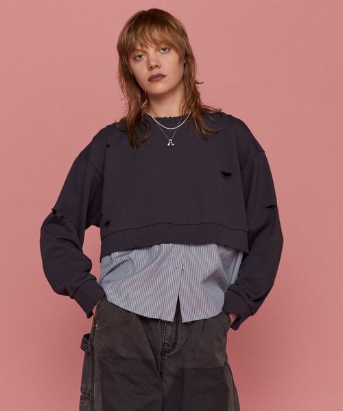 トレーナー スウェット Shirt Layered Crush Processing Sweatshirt/シャツレイヤードクラッシュスウェット「MA