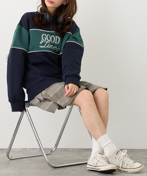 トレーナー スウェット ZIP付きバイカラー刺繍スウェット レディース
