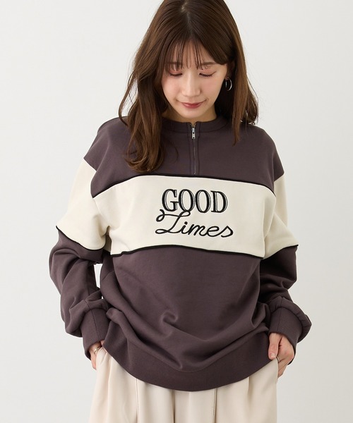 トレーナー スウェット ZIP付きバイカラー刺繍スウェット レディース