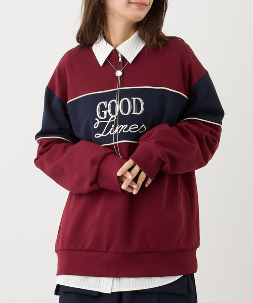 トレーナー スウェット ZIP付きバイカラー刺繍スウェット レディース