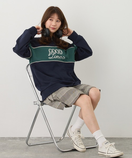 トレーナー スウェット ZIP付きバイカラー刺繍スウェット レディース