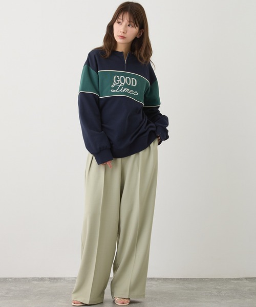 トレーナー スウェット ZIP付きバイカラー刺繍スウェット レディース