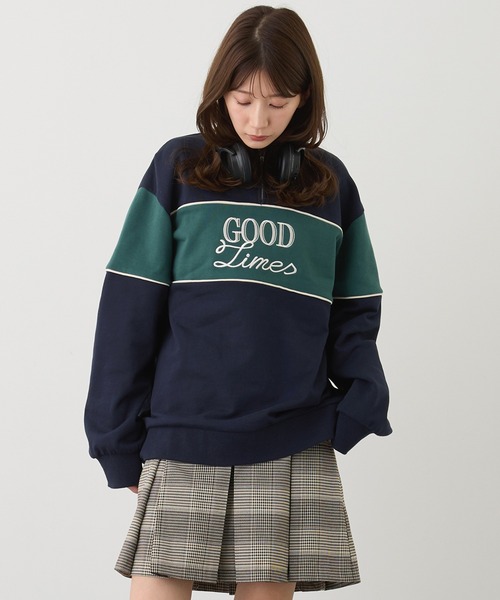 トレーナー スウェット ZIP付きバイカラー刺繍スウェット レディース