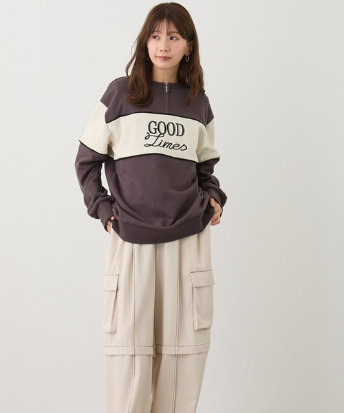 トレーナー スウェット ZIP付きバイカラー刺繍スウェット レディース