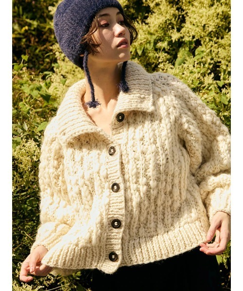 カーディガン Stand collar hand knit cardigan レディース