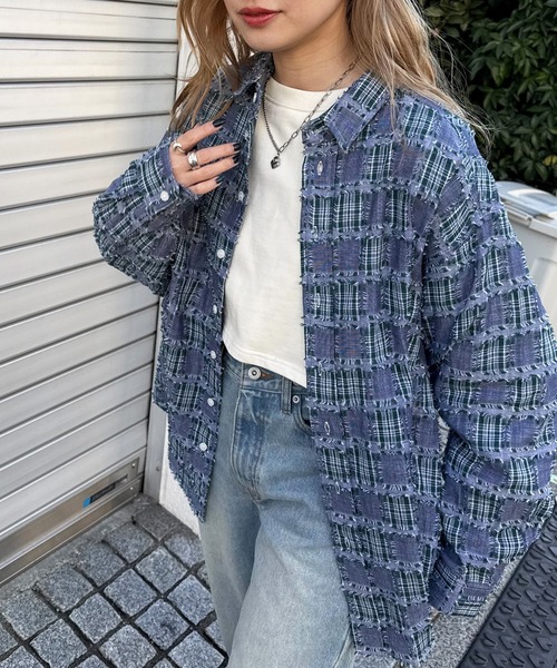 ブラウス シャツ 先染めダブルガーゼチェックワイドシャツ レディース DOUBLE NAME ブラウス シャツ 先染めダブルガーゼチェックワイド