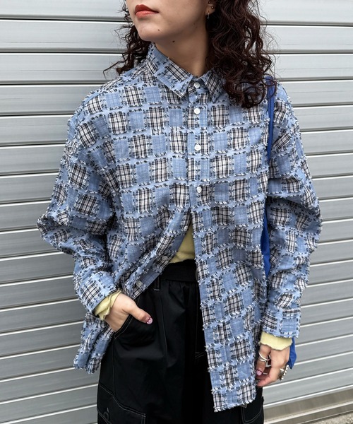 ブラウス シャツ 先染めダブルガーゼチェックワイドシャツ レディース DOUBLE NAME ブラウス シャツ 先染めダブルガーゼチェックワイド