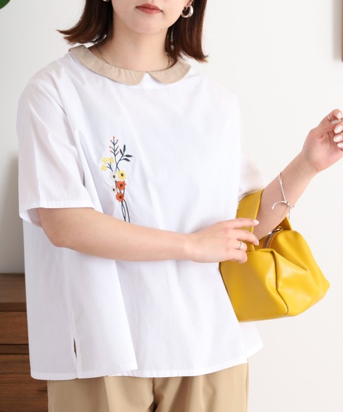 Emago（イマゴ） ブラウス シャツ 夏 半袖 花刺繍ブラウス レディース 