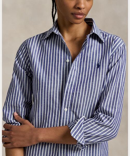 美品 LAUREN RALPH LAUREN フリルスリーブブラウス青ストライプ Ralph Lauren ラルフローレン ストライプ フリル シャツ