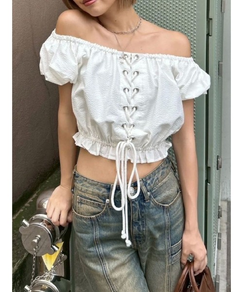 ブラウス シャツ レースアップオフショルトップス レディース