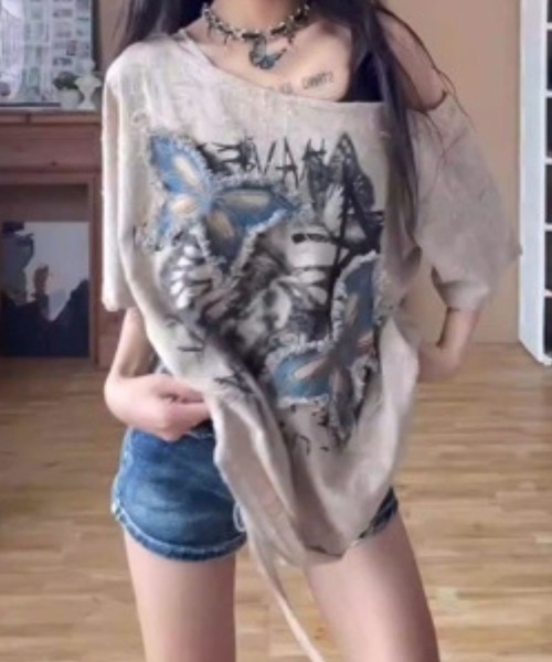 tシャツ バタフライモチーフオフショルダーTシャツ レディース