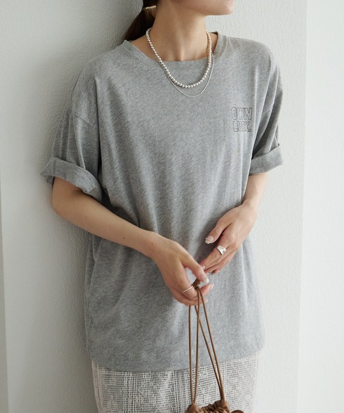 pual ce cin tシャツ ロゴ刺繍×フロッキープリント麻混Tシャツ