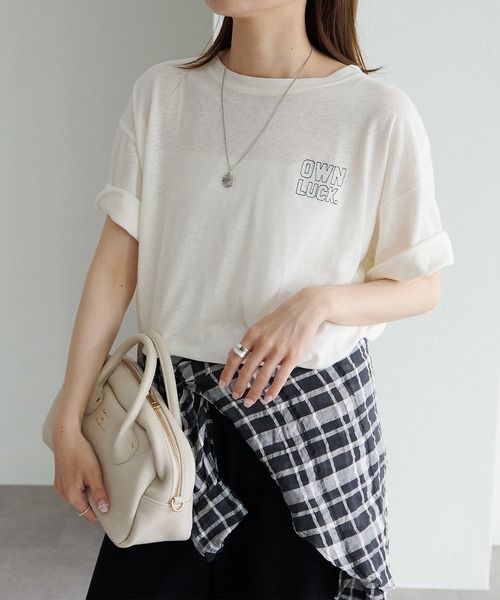 tシャツ ロゴ刺繍×フロッキープリント麻混Tシャツ レディース