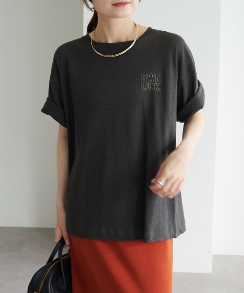 pual ce cin tシャツ ロゴ刺繍×フロッキープリント麻混Tシャツ