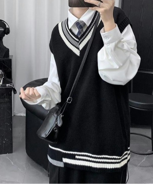 ベスト ジレ 「UNISEX」クレイジーパターン プレッピー Vネック ニット