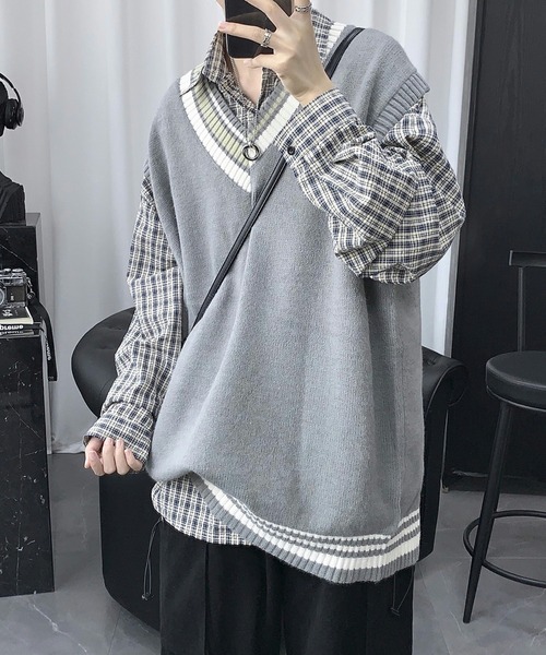 ベスト ジレ 「UNISEX」クレイジーパターン プレッピー Vネック ニット