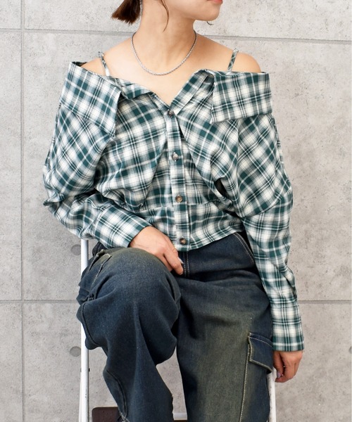 シェリエ sheller 完売 美品 チェック柄シャツ オフショルダーブラウス