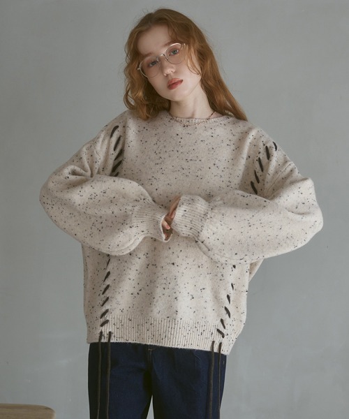 BAB（バブ） ニット セーター チョコチップ風ネップ 編み上げニット