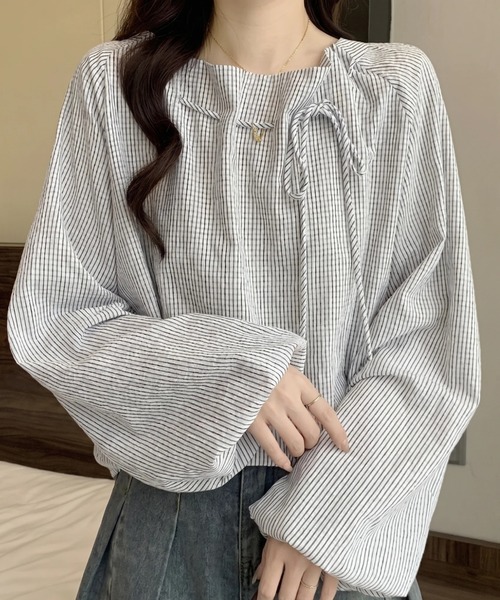 d.i.aオフショルダー長袖ストライプトップス cammie ブラウス シャツ ストライプオフショルダートップス レディース