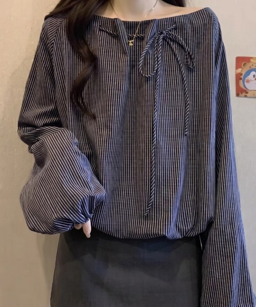 cammie ブラウス シャツ ストライプオフショルダートップス レディース
