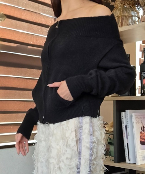 ニット セーター ジップアップ 肩見せ オフショルダーニットトップス