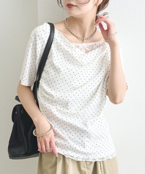 tシャツ 「5色展開」レースドッキングオフショル半袖Tシャツ レディースの画像