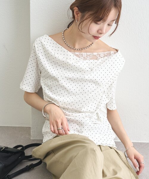 tシャツ 「5色展開」レースドッキングオフショル半袖Tシャツ レディースの画像
