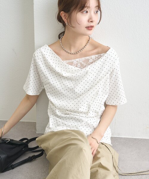 tシャツ 「5色展開」レースドッキングオフショル半袖Tシャツ レディースの画像
