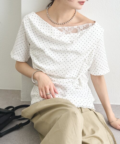 tシャツ 「5色展開」レースドッキングオフショル半袖Tシャツ レディースの画像