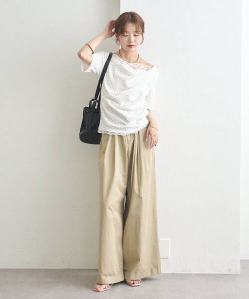 tシャツ 「5色展開」レースドッキングオフショル半袖Tシャツ レディースの画像
