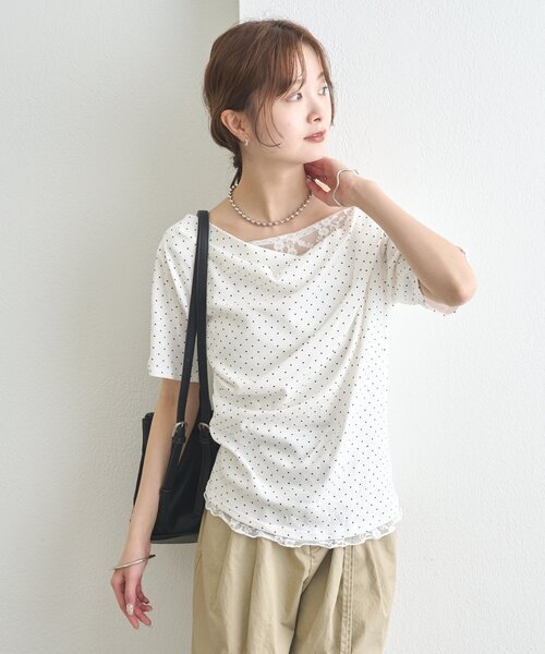 tシャツ 「5色展開」レースドッキングオフショル半袖Tシャツ レディースの画像