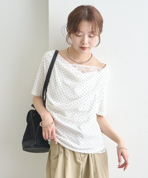 tシャツ 「5色展開」レースドッキングオフショル半袖Tシャツ レディースの画像