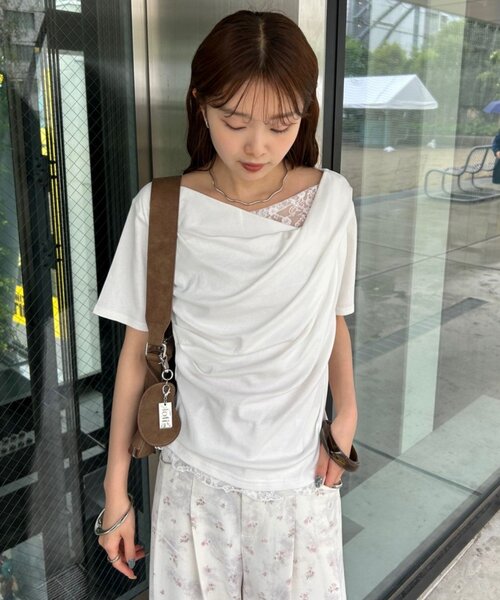 tシャツ 「5色展開」レースドッキングオフショル半袖Tシャツ レディースの画像